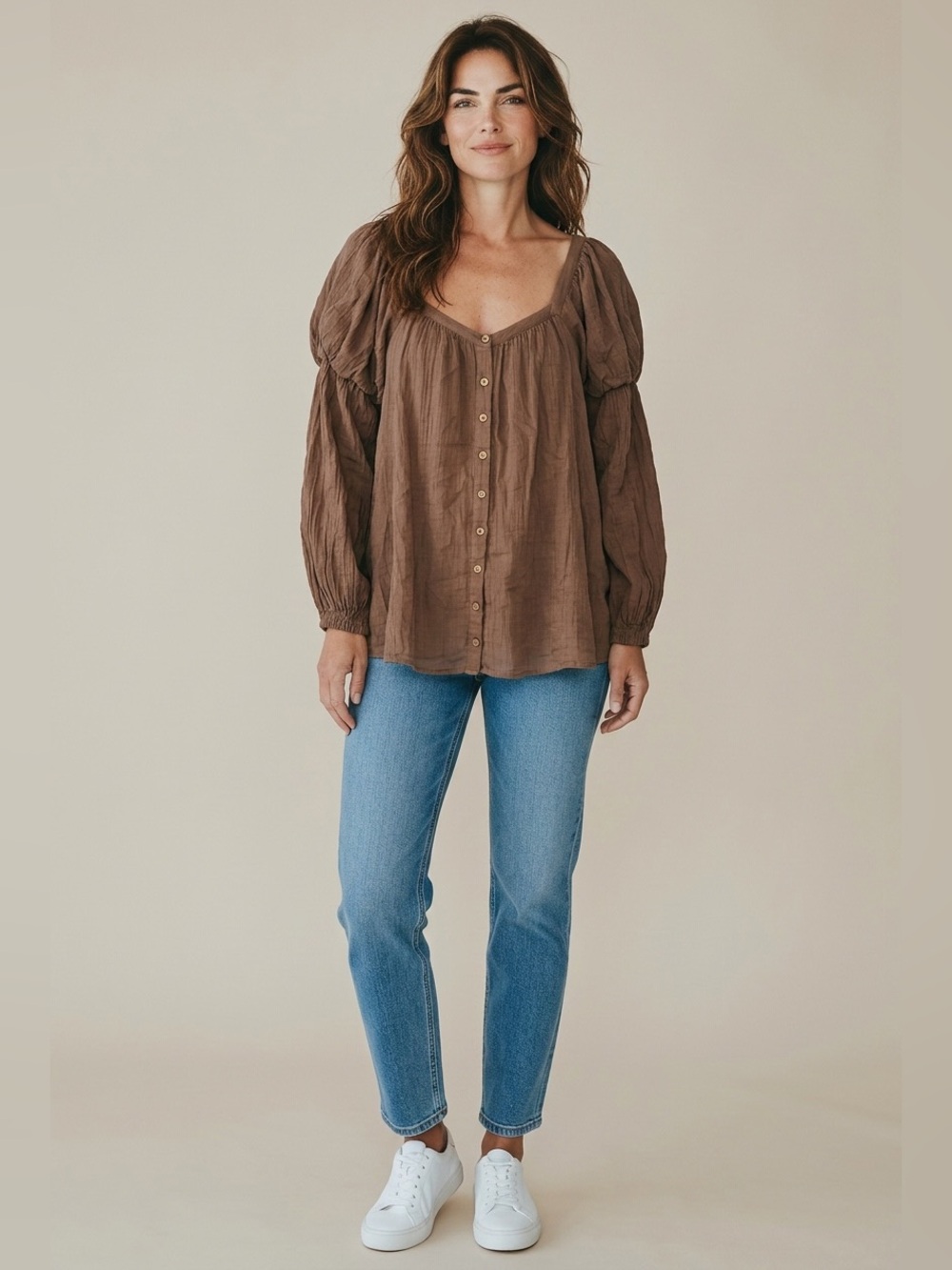 Free People Brown Button-Front Peasant Blouse